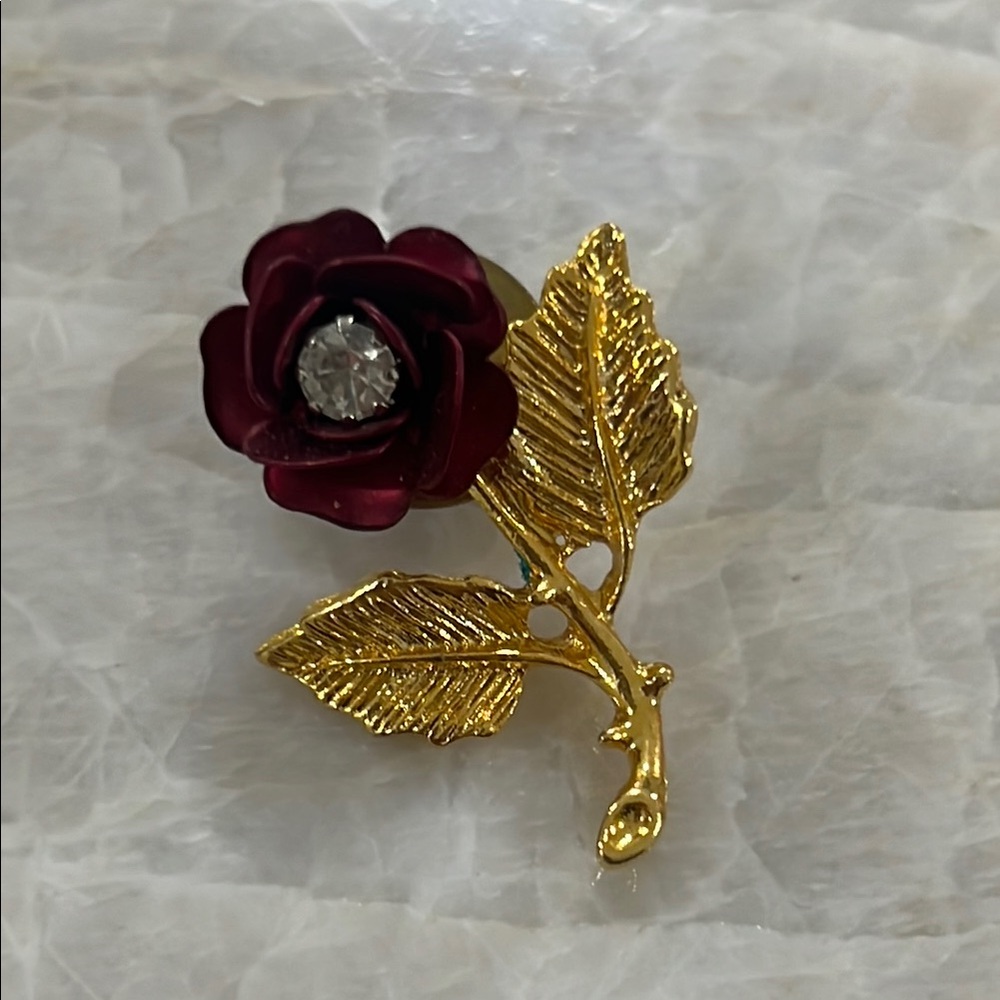 Elegant Gold and Red Rose Brooch